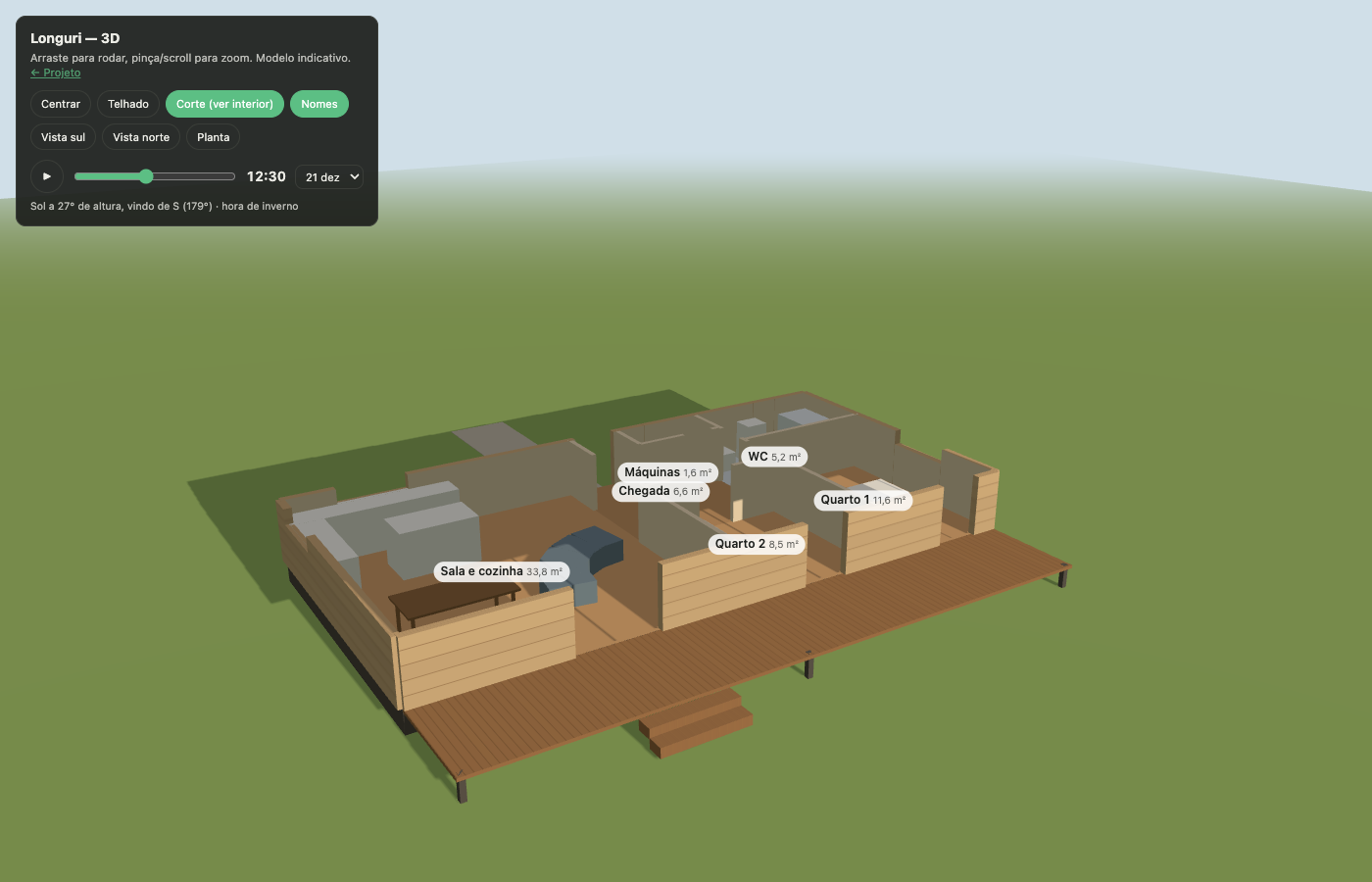 Vista 3D em corte mostrando o interior e mobiliário indicativo