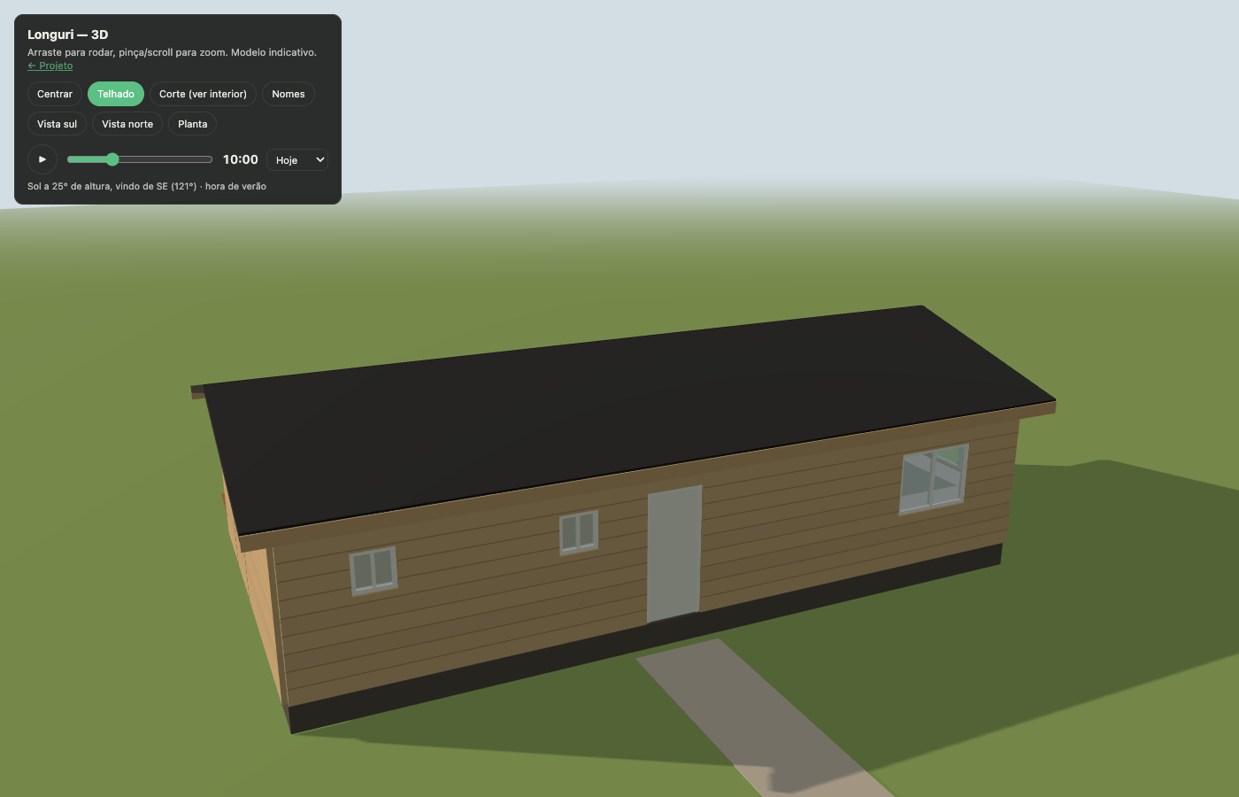 Vista 3D nordeste: fachada norte com porta de entrada e janelas