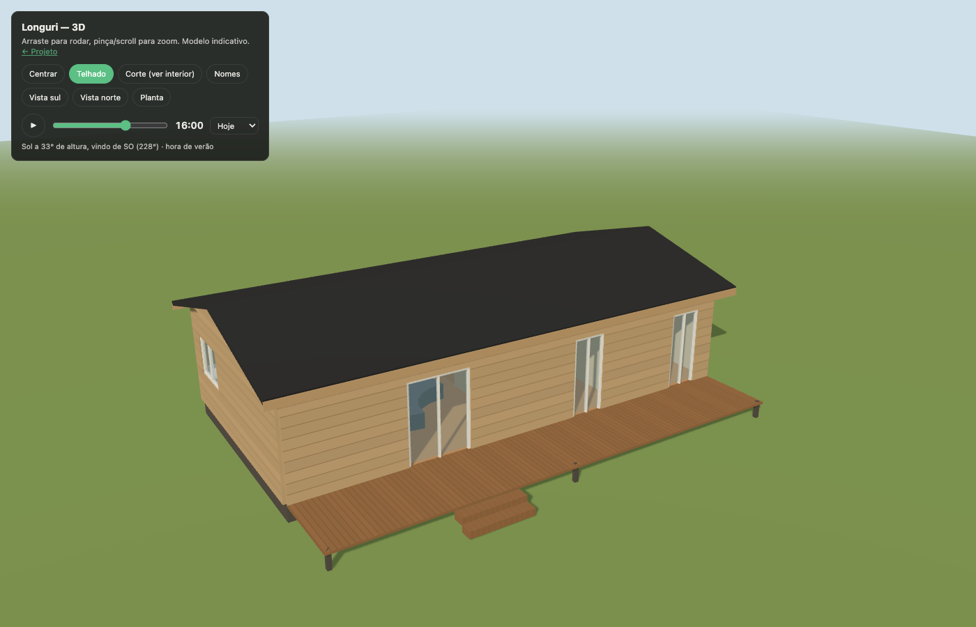 Vista 3D sudoeste: fachada sul com deck, sacada e portas dos quartos